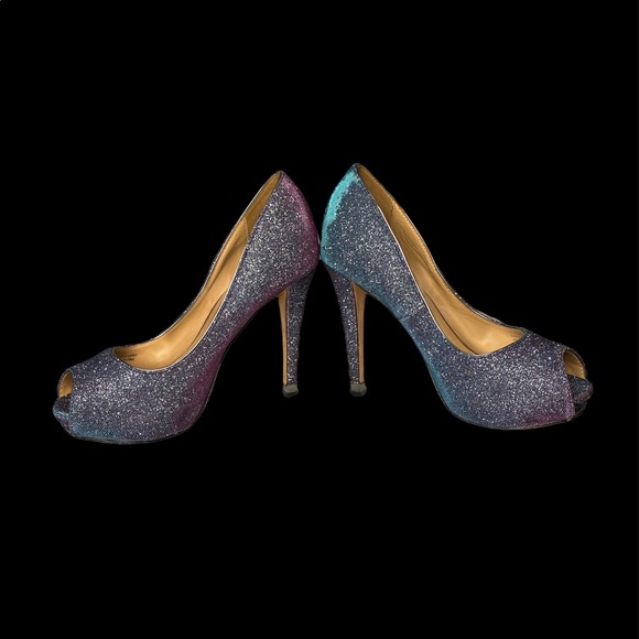 🎉HP🎉 Badgley Mischka Purple and Blue Shimmer Peep Toe Heels - Picture 7 of 8
